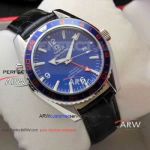 Perfect Replica Omega Seamaster Bezel Blue Planet Ocean GMT Watch Black Leather Strap